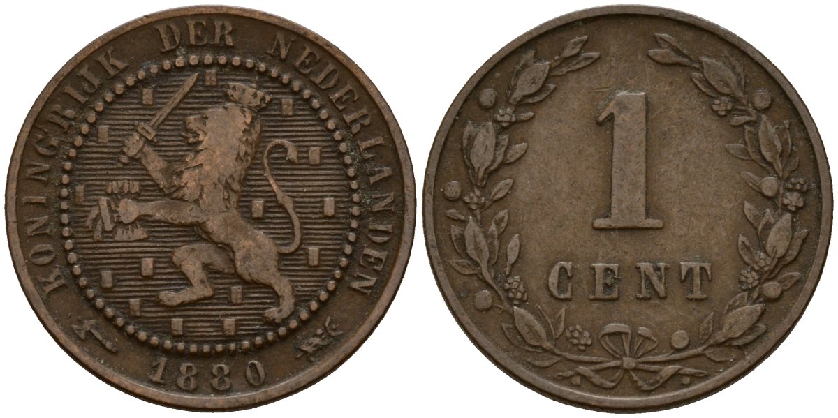 Нидерланды 1 цент 1880 Виллем III (1849-1890) KM 107 бронза 4154-859