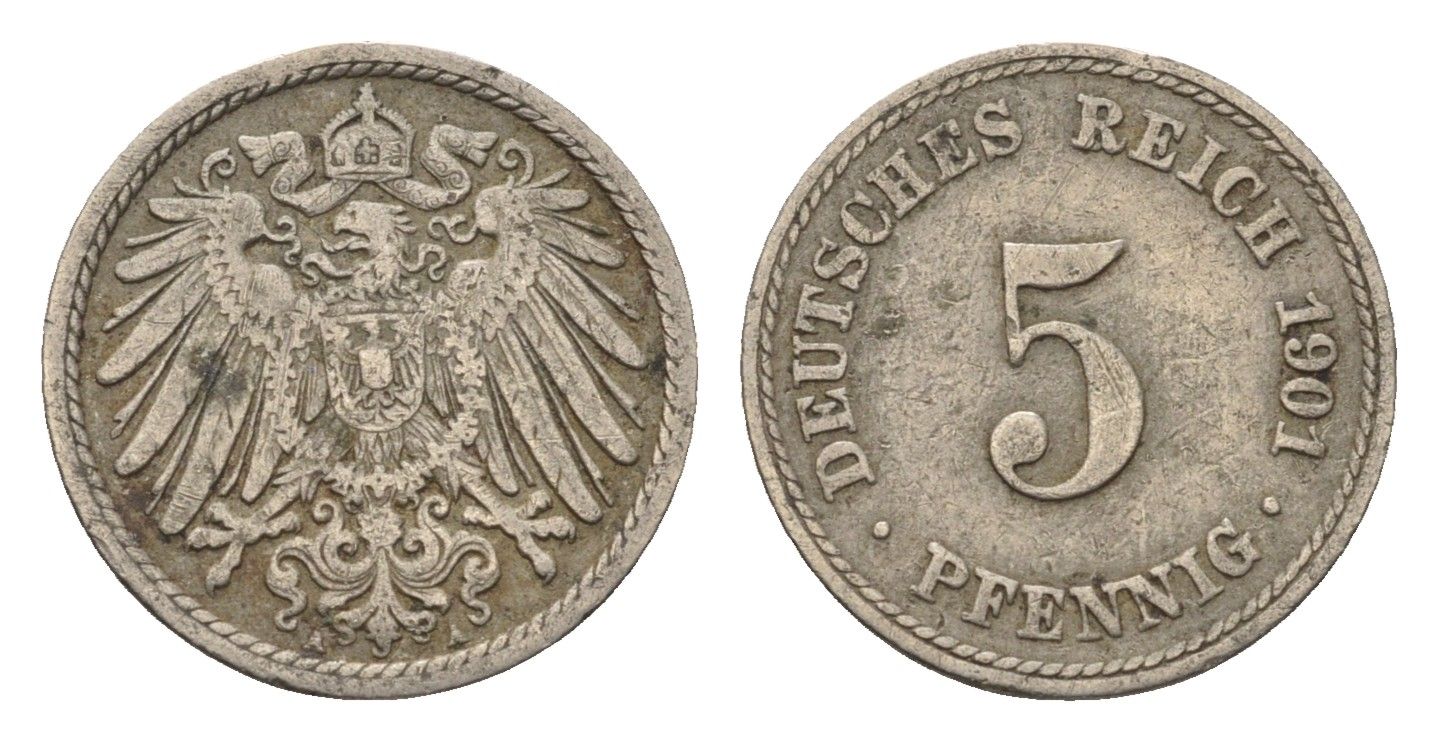 Германия 5 пфеннигов 1901 A KM 11, J. 12 медно-никель 4696-621