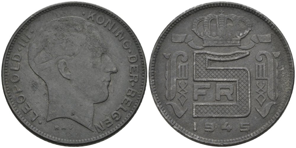 Бельгия 5 франков 1945 BELGEN, Леопольд III (1934-1947) KM 130 цинк VF+ 1528-511