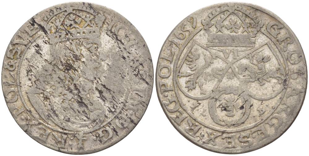 Польша 6 грошей (шостак) 1659 TL-B, Ян II Казимир (1648-1668), вес 3,22 гр., Краков KM 91, Kopinski 136.1 серебро 1517-243