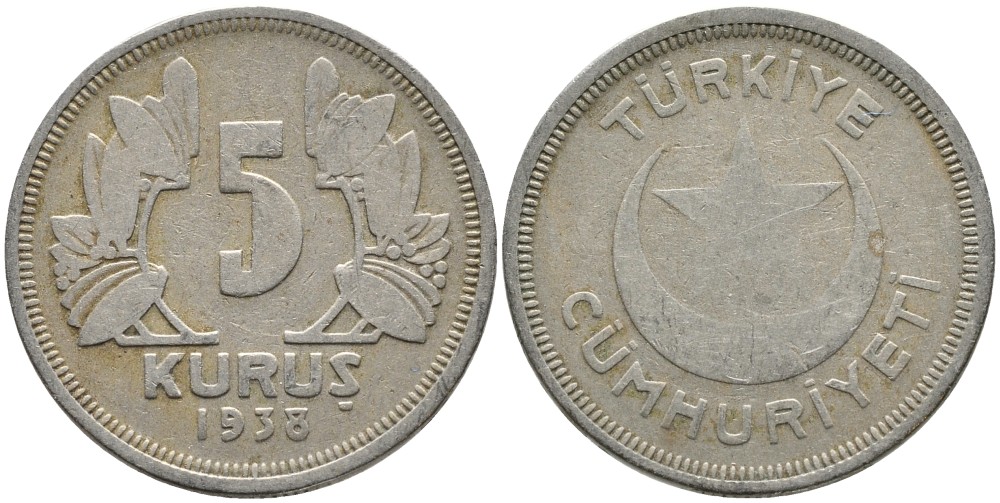 ТУРЦИЯ 5 КУРУШЕЙ 1938 KM 862 медно-никель 4541-244
