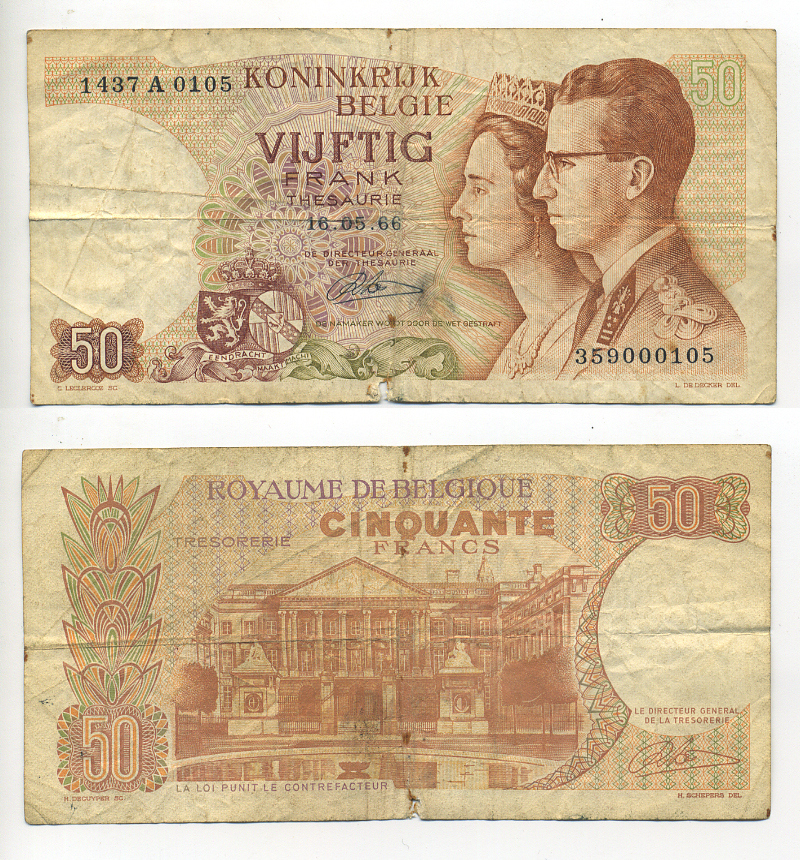 БЕЛЬГИЯ 50 ФРАНКОВ 1966 16 МАЯ 1966, ПОДПИСЬ 21, КОРОЛЬ БОДУЭН И КОРОЛЕВА ФАБИОЛА Pick 139 бумага 6280-24-3-1