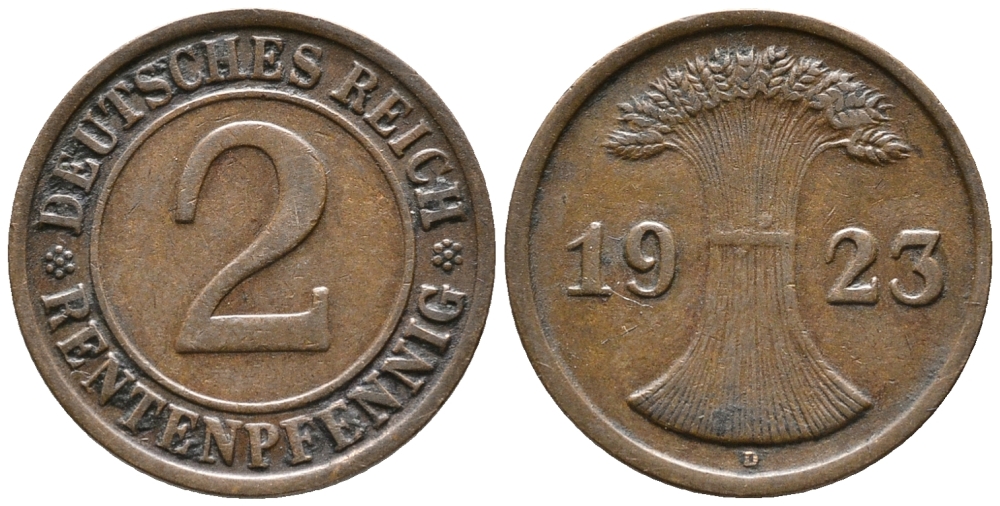 ГЕРМАНИЯ 2 РЕНТЕНПФЕННИГА 1923 D KM 31, J. 307 бронза 24-353