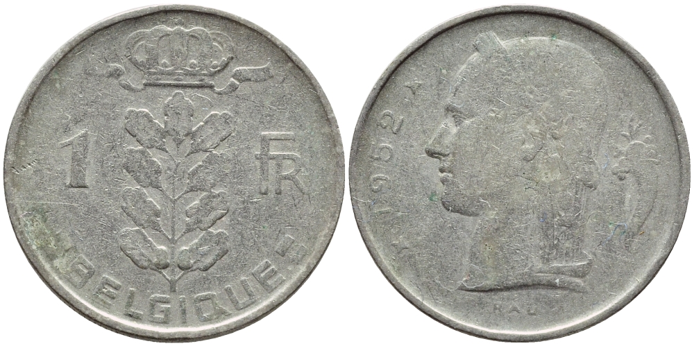 БЕЛЬГИЯ 1 ФРАНК 1952 BELGIQUE KM 142.1 медно-никель 4395-511