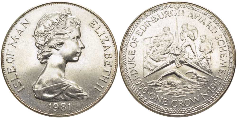 Остров Мэн 1 крона 1981 приз герцога Эдинбургского, альпинизм, плавание, уход за больными KM 75 медно-никель UNC 107-615