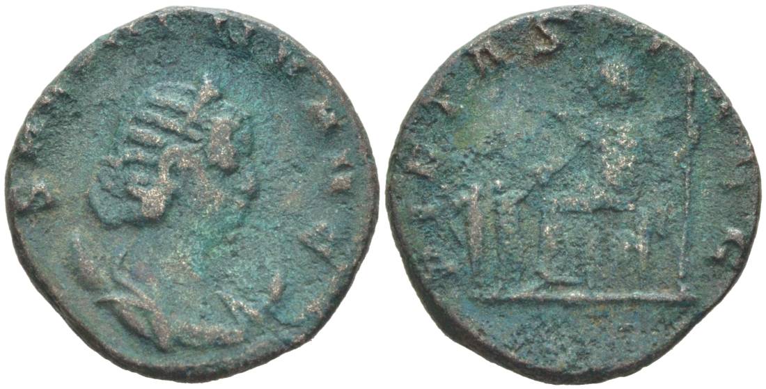 Римская Империя антониниан 256 - 257 Салонина, жена Галлиена, SALONINA AVG, бюст императрицы / PIETAS AVGG, императрица на троне, дети у ее ног, Рим RIC 35 биллон 1073-20-15