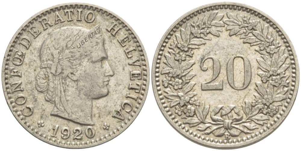 Швейцария 20 раппенов 1920 В KM 29 никель 4514-532