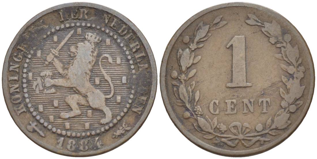 НИДЕРЛАНДЫ 1 ЦЕНТ 1884 ВИЛЛИАМ III (1849-1890) KM 107 бронза 4547-1259