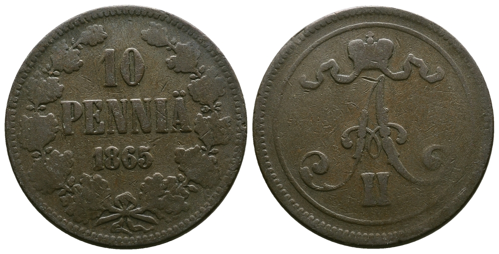 РОССИЯ ДЛЯ ФИНЛЯНДИИ 10 ПЕННИ 1865 АЛЕКСАНДР II Биткин 651 медь 4382-845