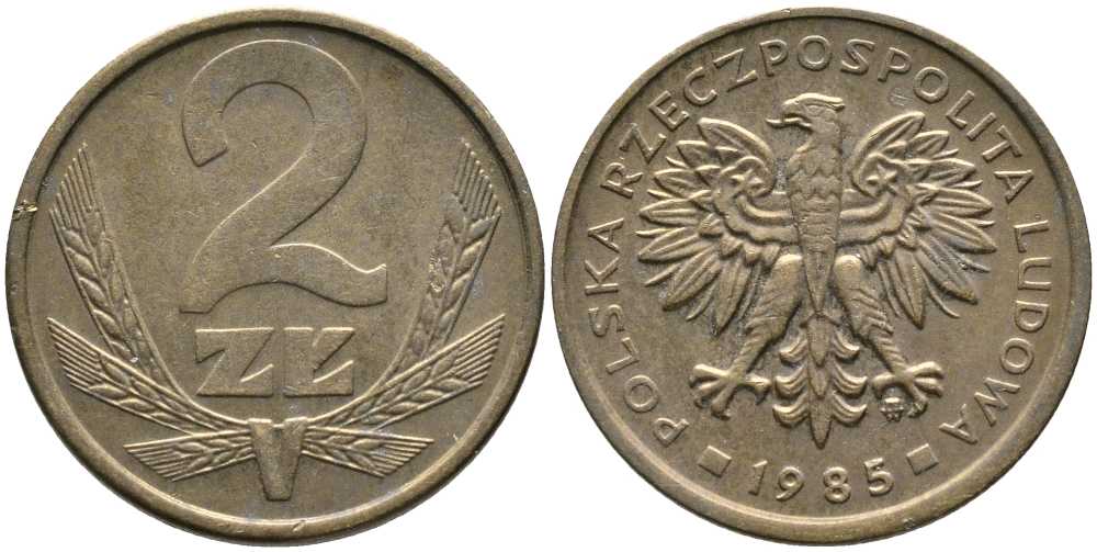 ПОЛЬША 2 ЗЛОТЫХ 1985 MW KM 80.1 латунь 110-857