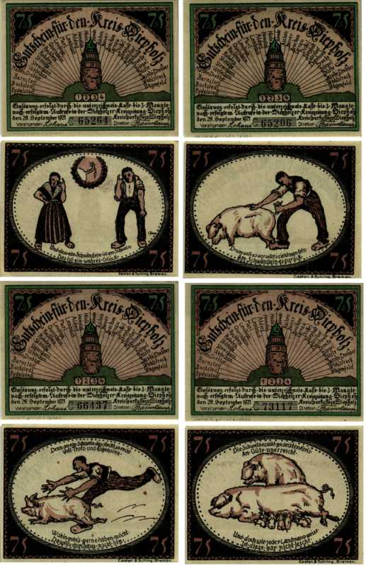 ДИПХОЛЬЦ, ГЕРМАНИЯ НАБОР ИЗ 4 БАНКНОТ 1921 НОТГЕЛЬД, ЗЕМЛЯ НИЖНЯЯ САКСОНИЯ, 15 СЕНТЯБРЯ 1921, СЕРИЯ С, BILDER 1, 2, 3, 4, (4 Х 75 ПФЕННИГОВ) ARNOLD KELLER 273.5 бумага UNC (ПРЕСС) 7553-4-4