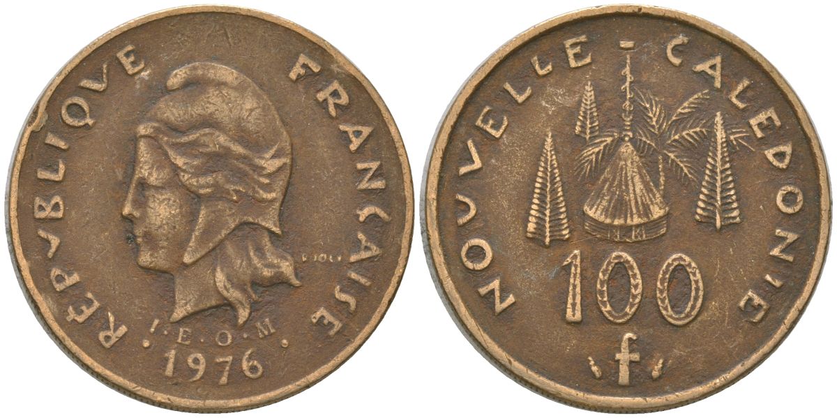 Французская Новая Каледония 100 франков 1976 хижина среди сосен и пальм, (IEOM) KM 15, Schoen 16, Lec 130 никель латунь 4137-525