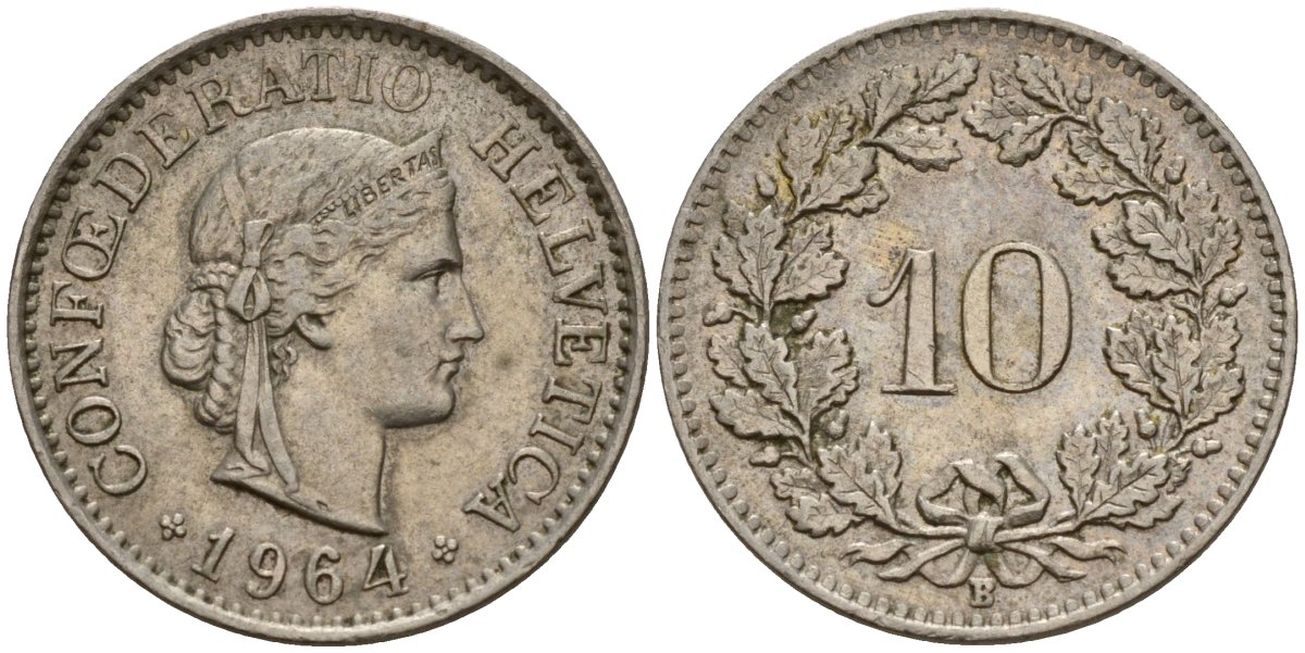Швейцария 10 раппенов 1964 B KM 27 медно-никель 4189-535