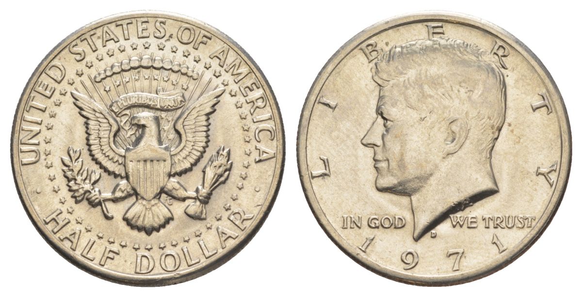 США 1/2 доллара (50 центов) 1971 D, Джон Кеннеди KM 202b медь плакированная медно-никелем aUNC 97-1033