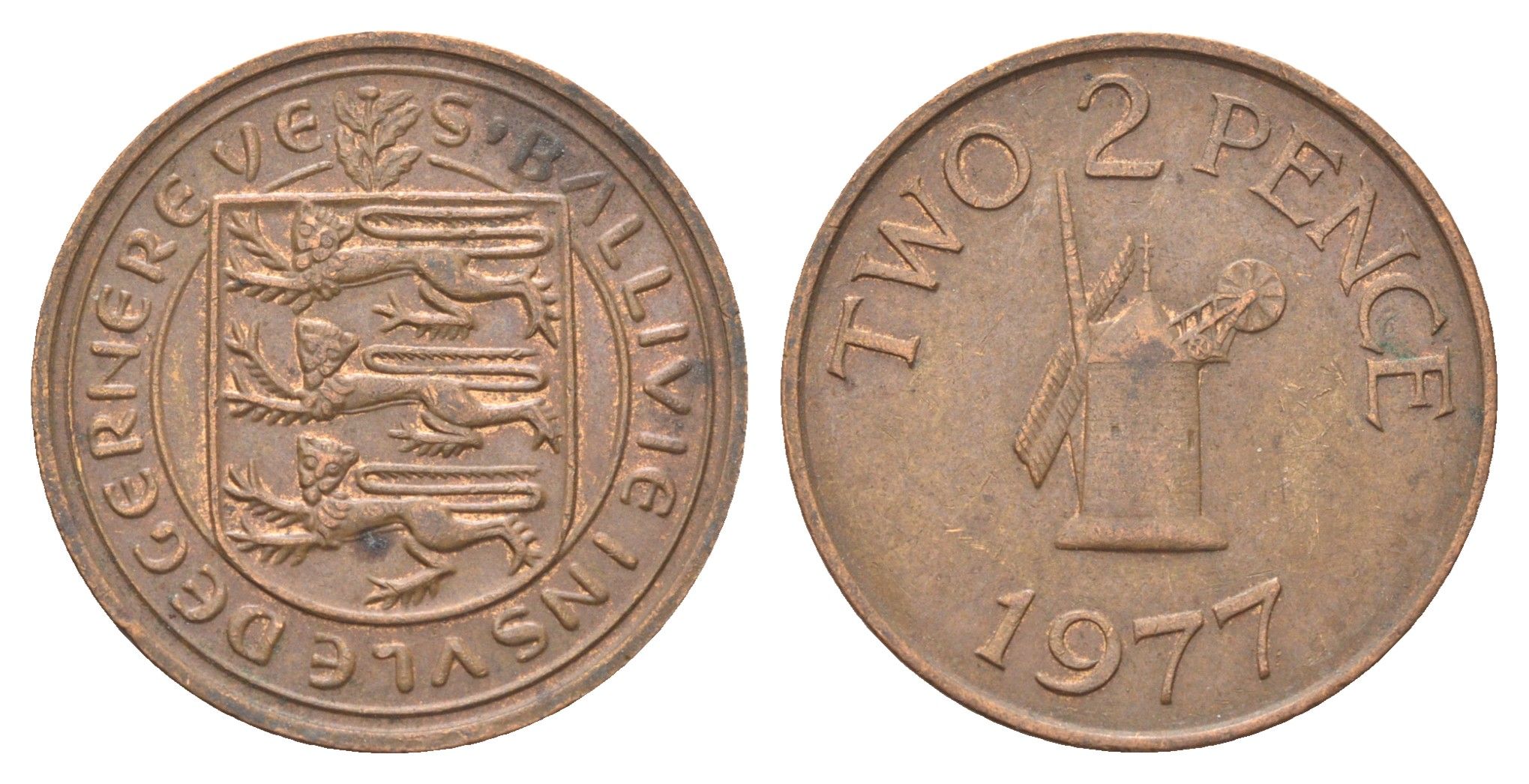 Гернси 2 пенса 1977 Елизавета II (1952-2022), ветряная мельница KM 28 бронза 4703-1057