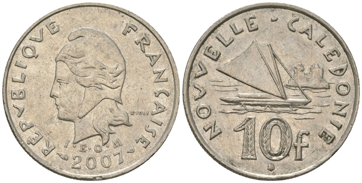 Французская Новая Каледония 10 франков 2007 рыбачья парусная лодка, (IEOM) KM 11a, Schoen 13a, Lec 99k медно-никель 56-1015