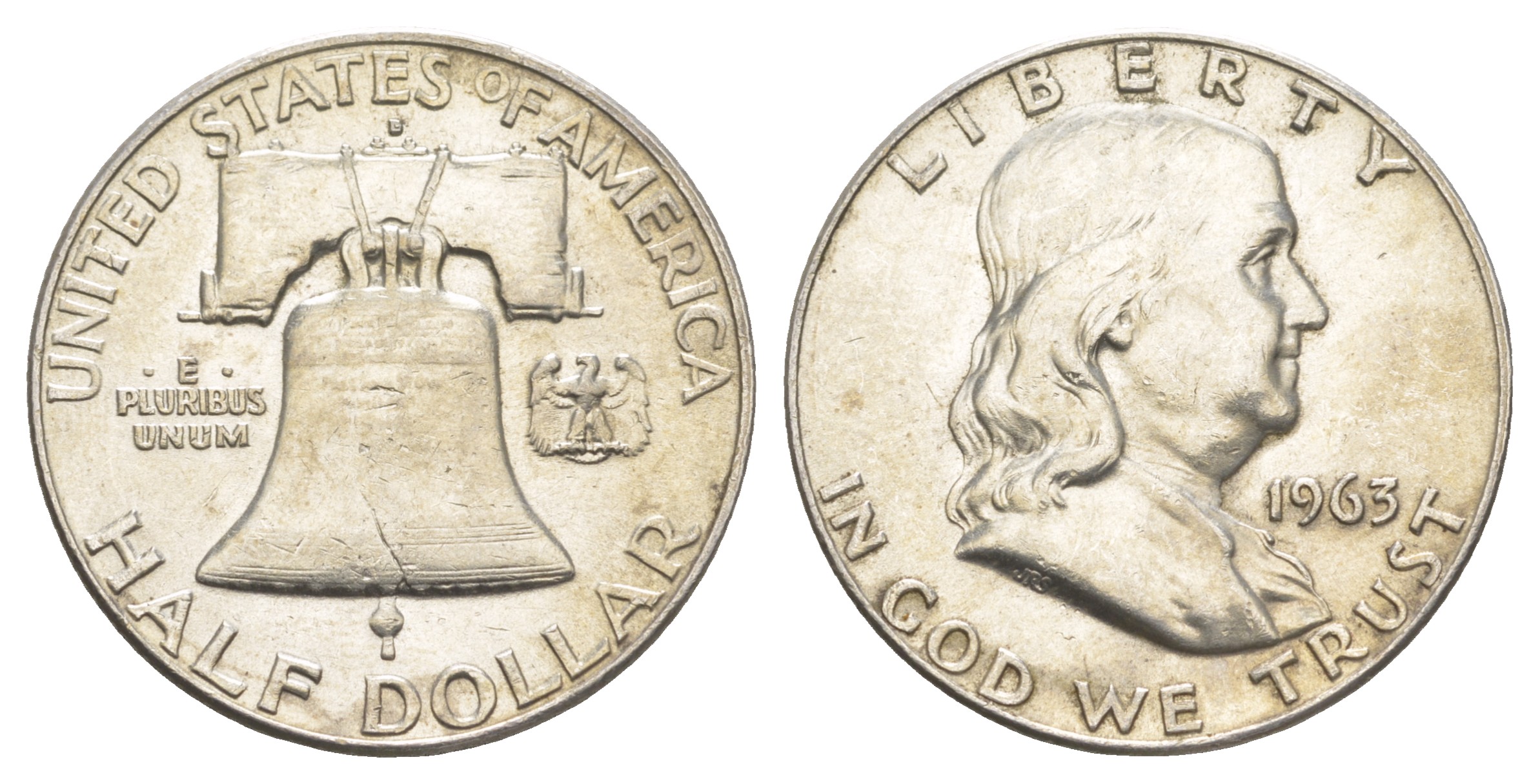 США 1/2 доллара (50 центов) 1963 Бенджамин Франклин, колокол KM 199 серебро  aUNC  4574-713