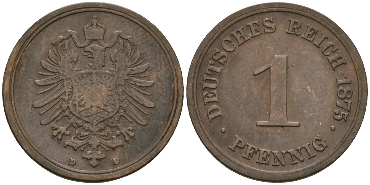 Германия 1 пфенниг 1875 D, Вильгельм I (1871-1888) KM 1, J. 1 медь 4181-655
