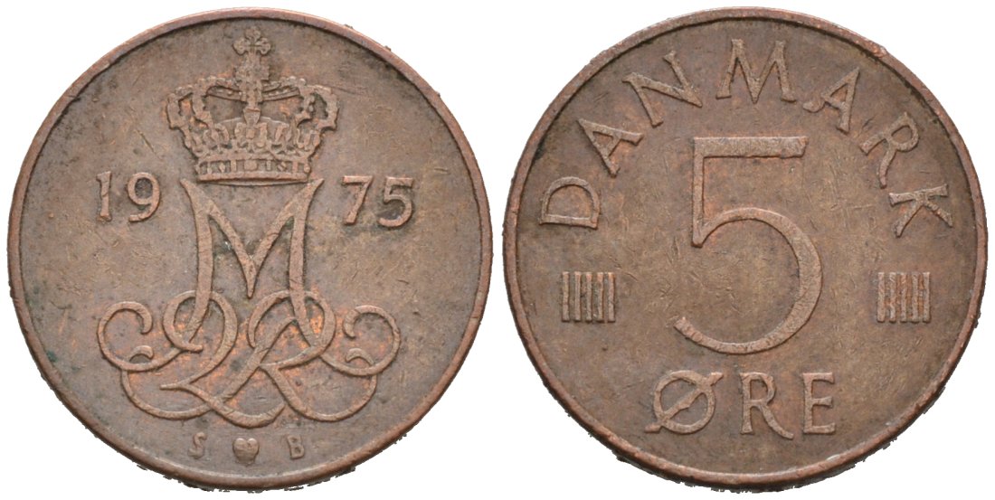 Дания 5 эре 1975 S; B, Маргрете II (1972- ) KM 859.1 сталь плакированная медью 4564-839