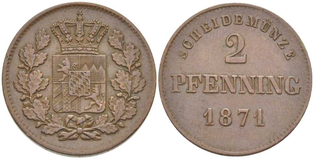 Бавария 2 пфеннига 1871 Людвиг II (1864-1886) KM 478 медь 202-255