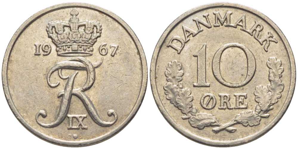 Дания 10 эре 1967 C; S, Фредерик IX (1947-1972) KM 849.1 медно-никель 201-1226