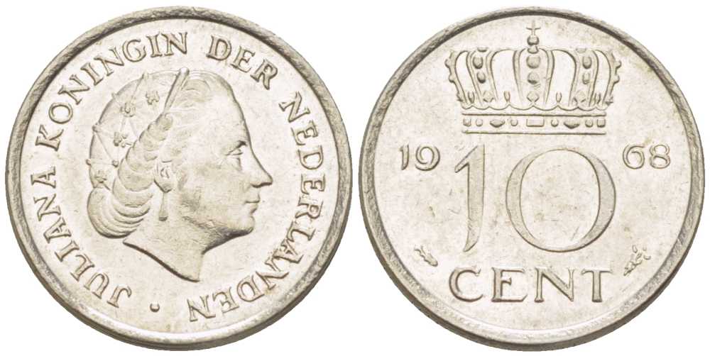 НИДЕРЛАНДЫ 10 ЦЕНТОВ 1968 ЮЛИАНА (1948-1980) KM 182 никель 214-1231