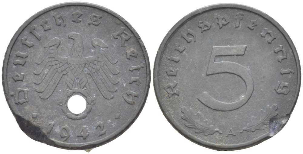 ГЕРМАНИЯ 5 РЕЙХСПФЕННИГОВ 1941 A KM 100, J. 370 цинк 211-539
