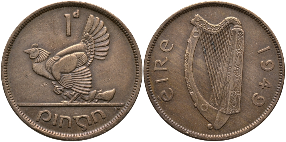 ИРЛАНДИЯ 1 ПЕННИ 1949 КУРИЦА С ЦЫПЛЯТАМИ KM 11 бронза 3457-234