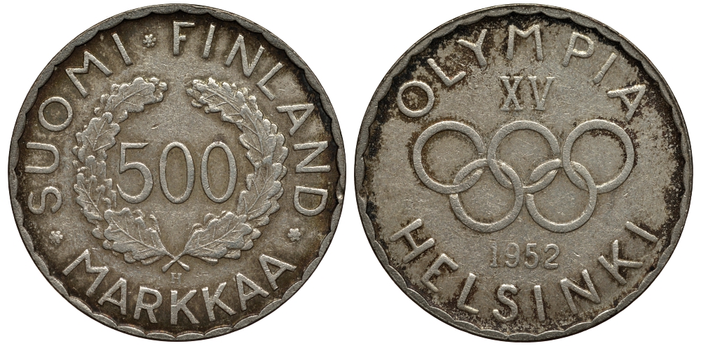 Финляндия 500 марок 1952 H, XV зимние Олимпийские игры в Хельсинки 1952 года KM 35 серебро 1517-1512