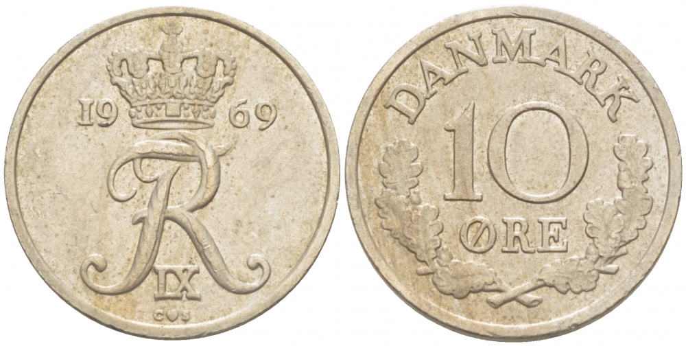 Дания 10 эре 1969 C,S, Фредерик IX (1947-1972) KM 849.1 медно-никель 3309-155