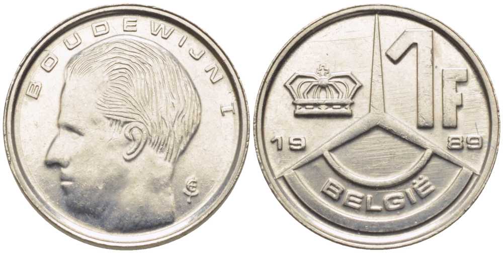 БЕЛЬГИЯ 1 ФРАНК 1989 BELGIE, БОДУЭН I (1951-1993) KM 170 железо плакированное никелем 116-1039
