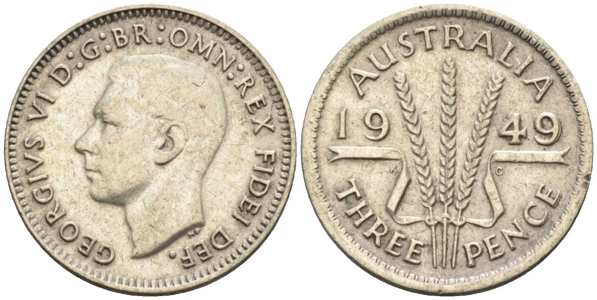 Австралия 3 пенса 1949 KG, Георг VI (1937-1952) KM 44 серебро 4585-263