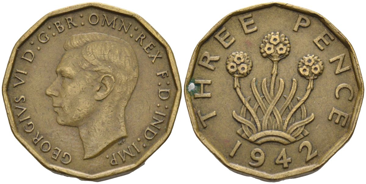 Великобритания 3 пенса 1942 Георг VI (1936-1952) KM 849, Spink 4112 никель латунь 4126-716