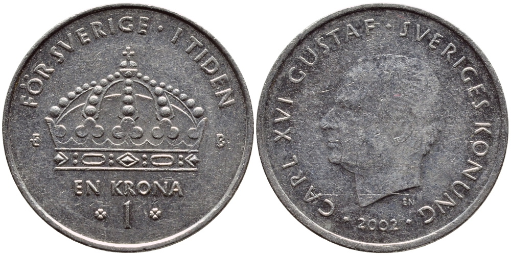 Швеция 1 крона 2002 Карл XVI Густав (1973- ) KM 894 медно-никель 4110-512