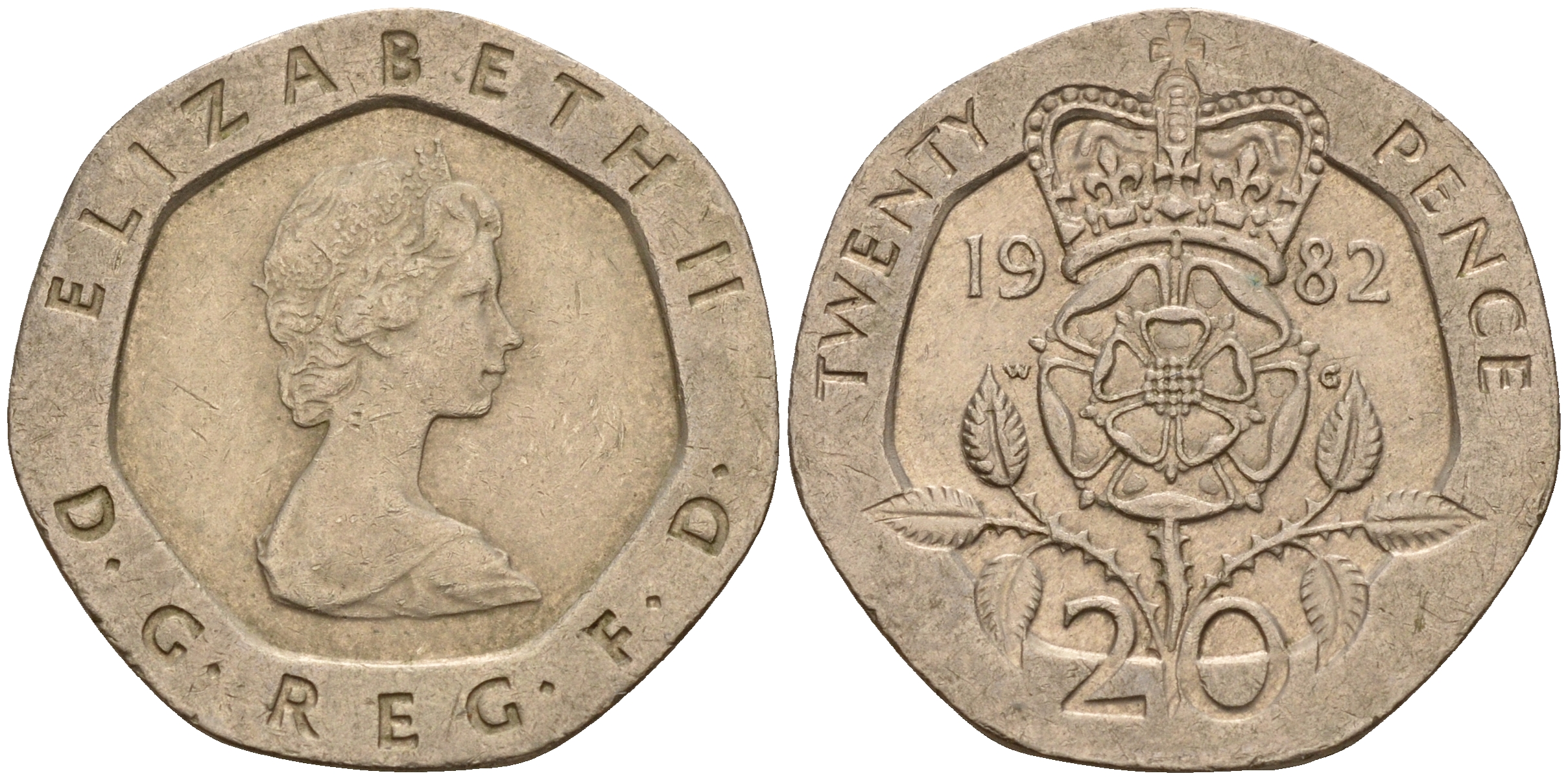 Великобритания 20 пенсов 1982 Елизавета II (1952-2022) KM 931, Spink 4230 (G1) медно-никель    4187-536