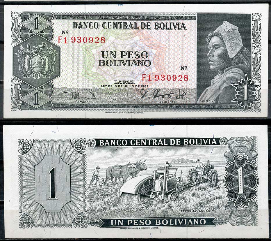 Боливия 1 песо боливиано 1962 серия F1, крестьянин, полевые работы Pick 158 a (7)  бумага  UNC (пресс) 7217-67-2-1