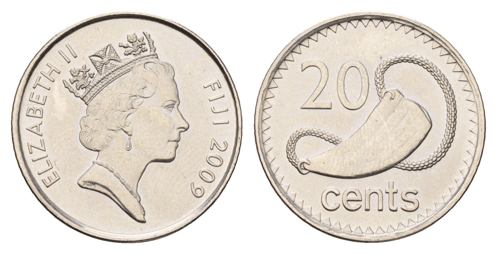 Фиджи 20 центов 2009 Елизавета II (1952-2022), китовый зуб KM 121 сталь плакированная никелем UNC 4698-1227