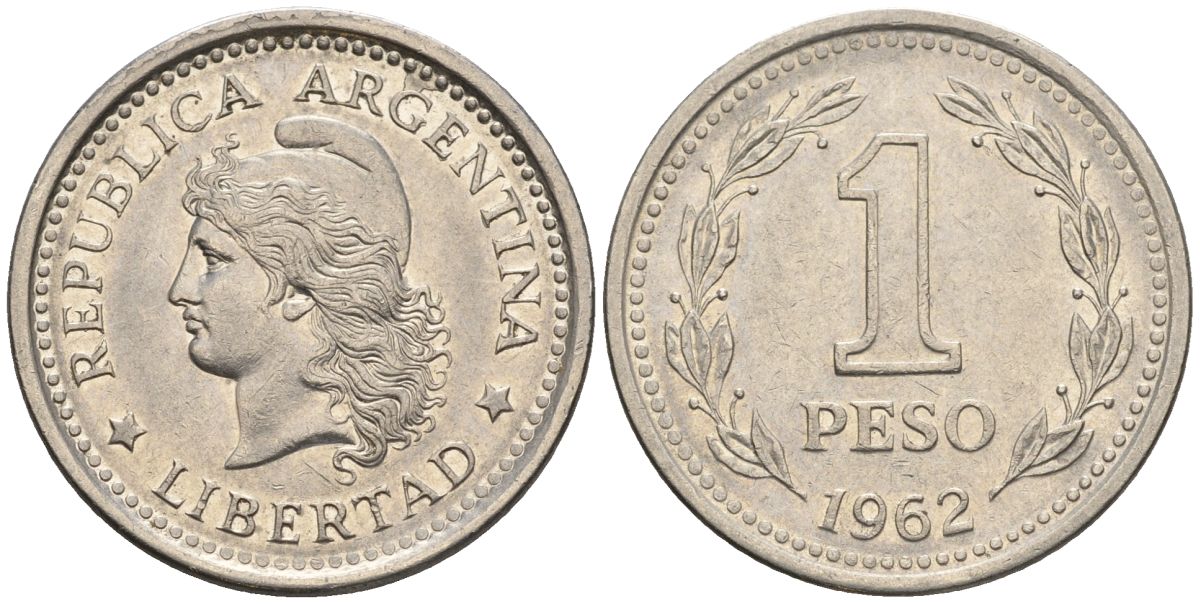 Аргентина 1 песо 1962 голова свободы влево KM 57, Schon 57 сталь плакированная никелем    60-1021