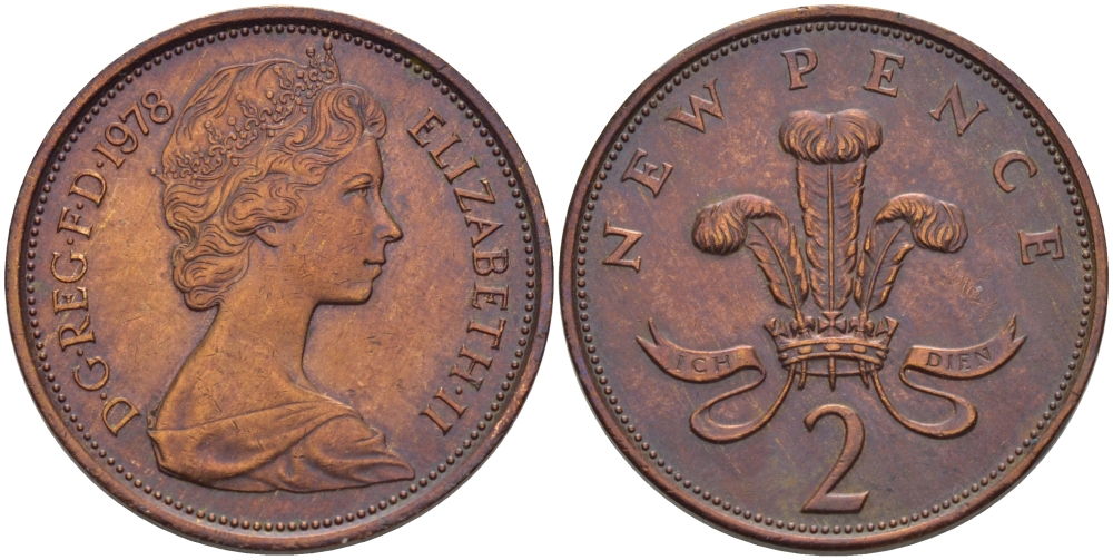 Великобритания 2 пенса 1978 Елизавета II (1952-2022) KM 916, Spink 4235 (C1) бронза 67-826