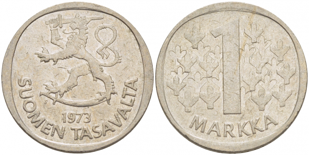 ФИНЛЯНДИЯ 1 МАРКА 1973 S KM 49а медно-никель 3718-923