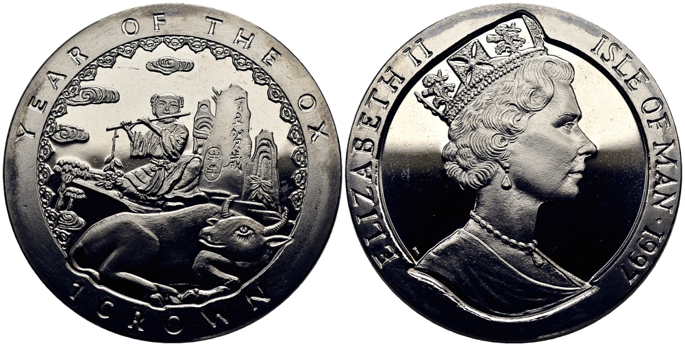 Остров Мэн 1 крона 1997 год быка KM 725 медно-никель UNC M90-21
