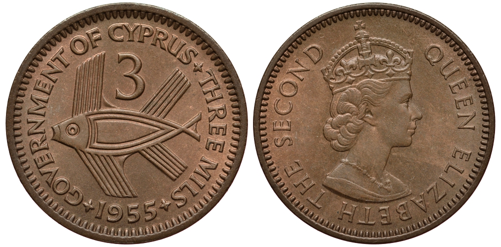 Кипр Британский 3 миля 1955 Елизавета II (1952-2022), рыба KM 33 бронза 214-545