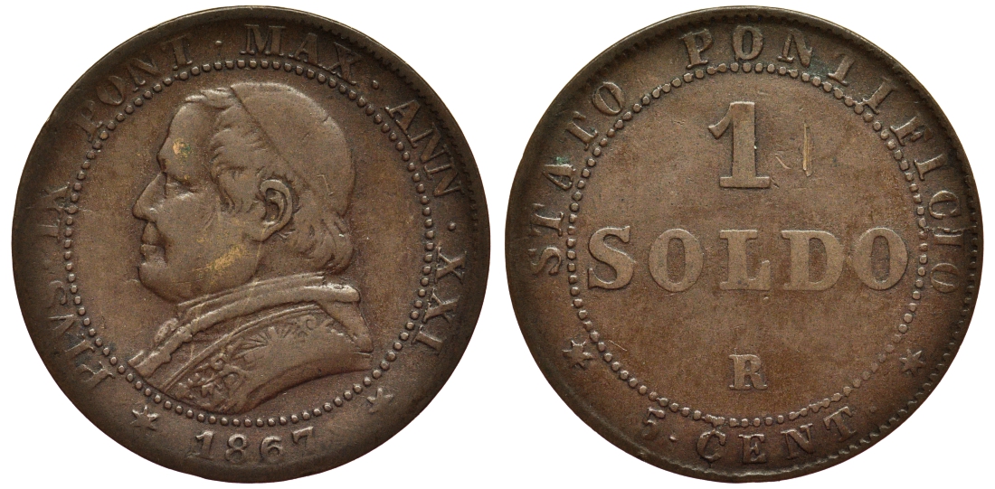 Ватикан 1 сольдо 1867 Папа Пий IX (1846-1878), большой бюст KM 1372.2 медь 55-116
