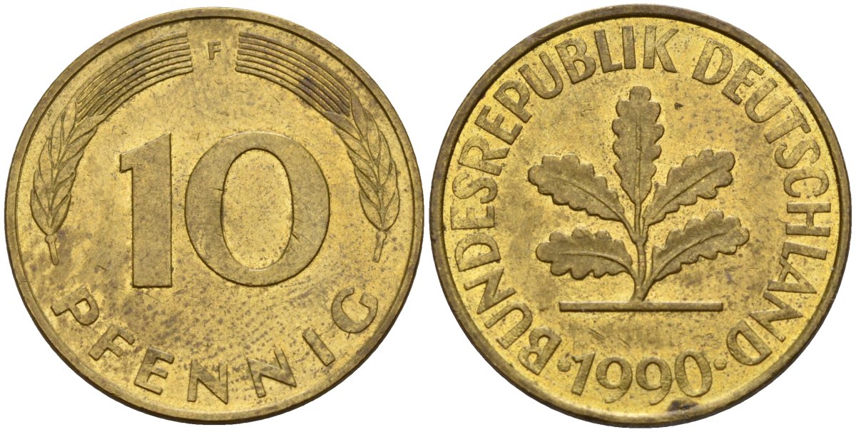 ФРГ 10 пфеннигов 1990 F KM 108, J. 383 сталь плакированная латунью 4171-232