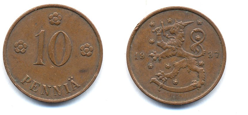 Финляндия 10 пенни 1937 KM 24 медь 51-5624