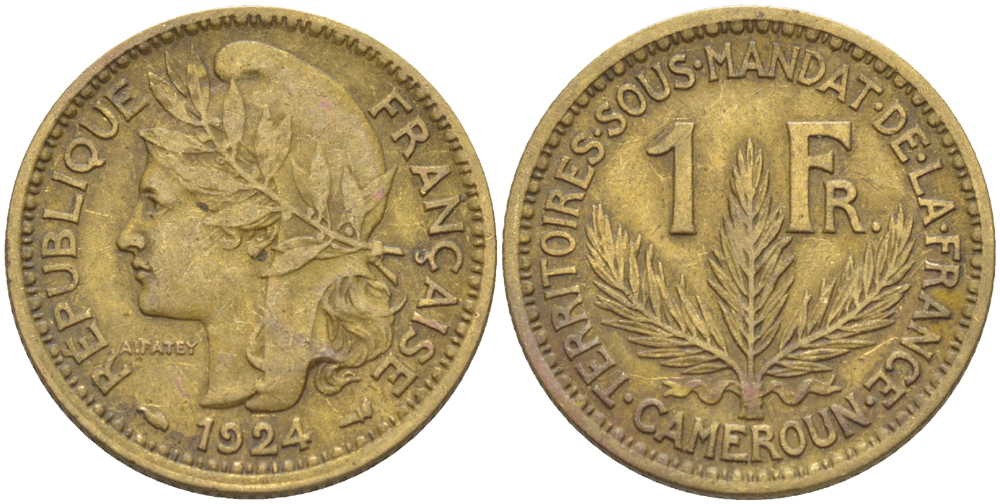 Французский Камерун 1 франк 1924 (а), монетный двор Париж KM 2 алюминиевая бронза 28-824