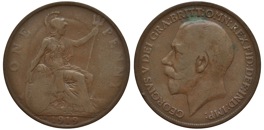 Великобритания 1 пенни 1919 KN Георг V (1910-1932) KM 810, Spink 4053 бронза 1524-522