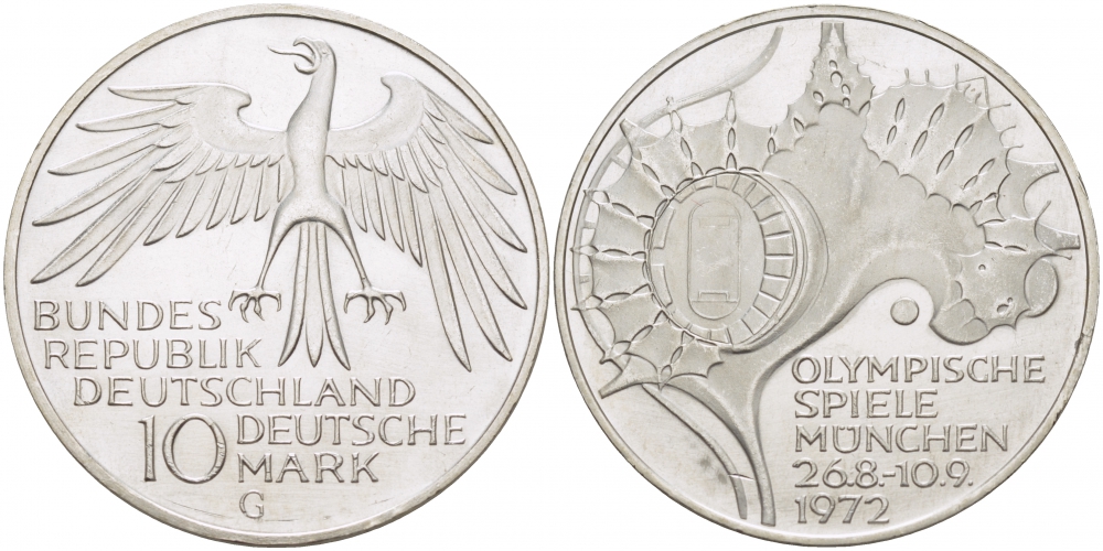 ФРГ 10 МАРОК 1972 G, ОЛИМПИАДА, СТАДИОН KM 133, J.404 серебро UNC 4127-125