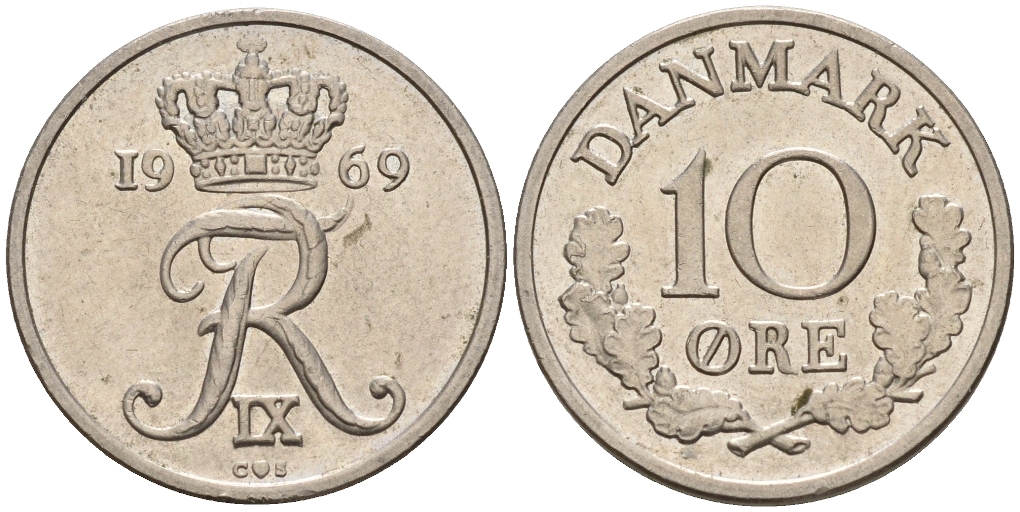 Дания 10 эре 1969 C,S, Фредерик IX (1947-1972) KM 849.1 медно-никель    4596-322