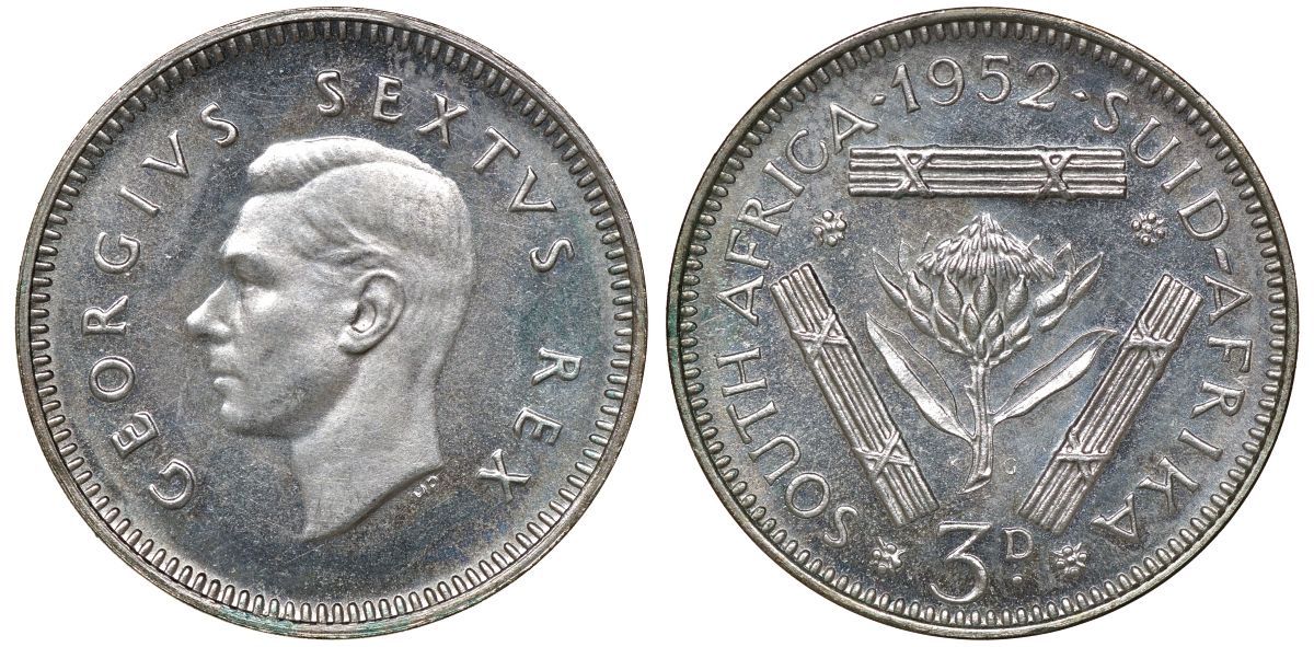 Южная Африка 3 пенса 1952 Георг VI (1937-1952) KM 35.2 серебро PROOF 1528-624